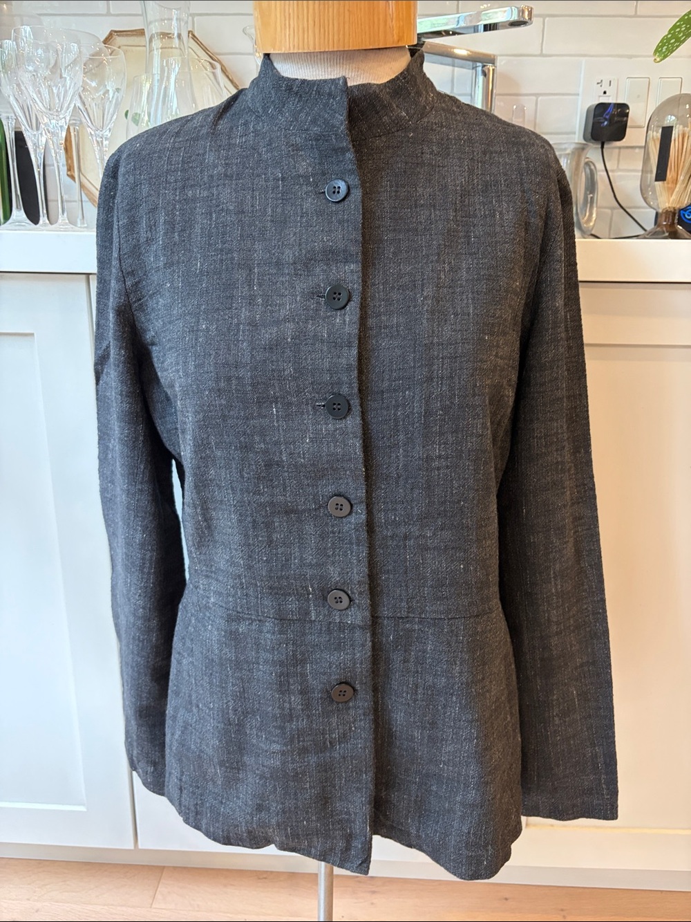Eileen Fisher Cotton Linen + Women's Charcoal Gray Button-Front Jacket